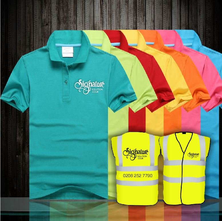Turquoise and yellow custom printed t-shirts and hi-visibility workwear apparel